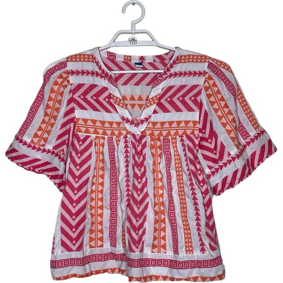 OLD NAVY Pink Orange V Neck Swing Peasant Blouse 100% Cotton Boho Aztec Sz‎ L - Picture 1 of 8